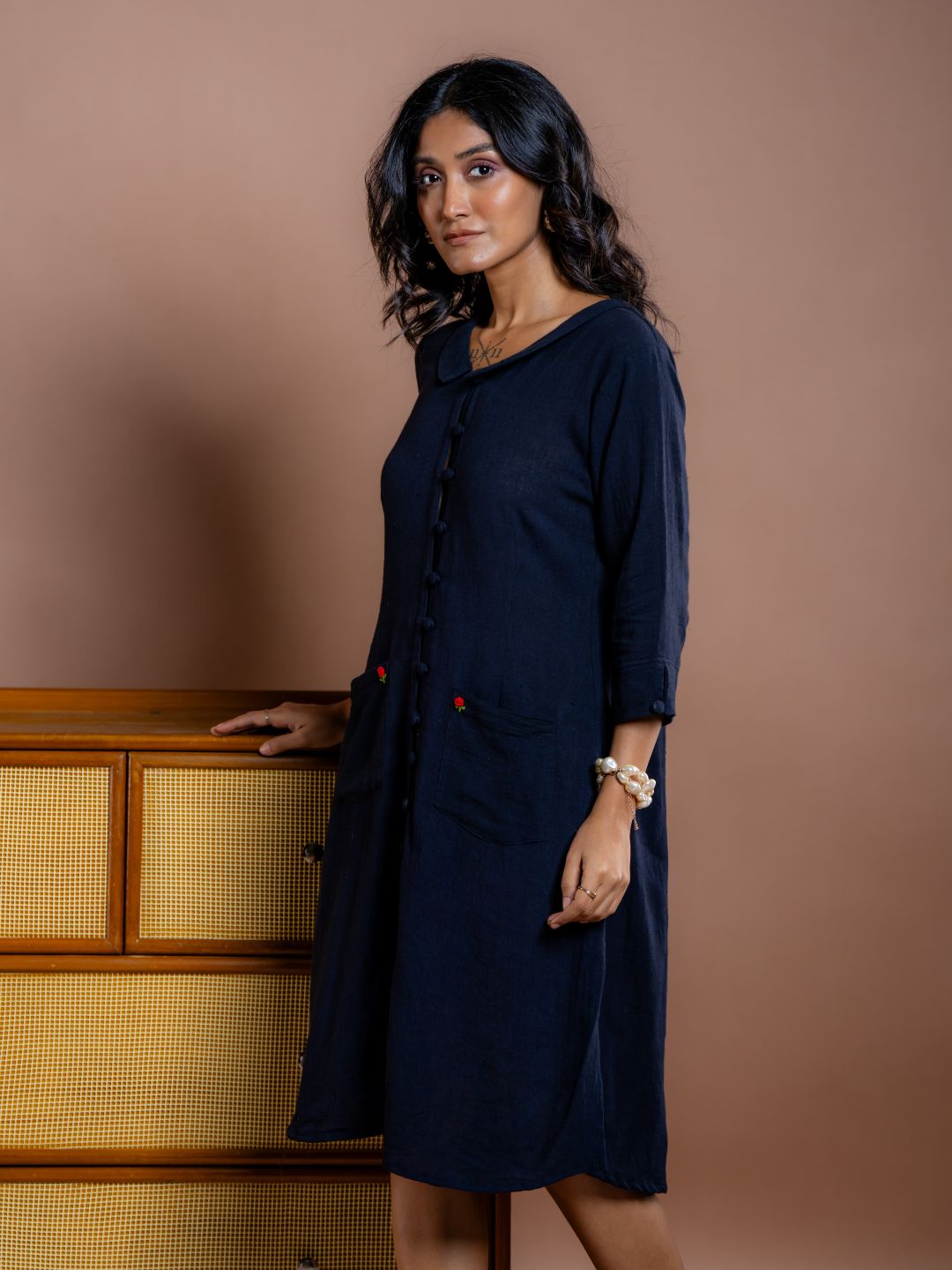 Black-Cotton-Shirt-Style-Midi-Dress