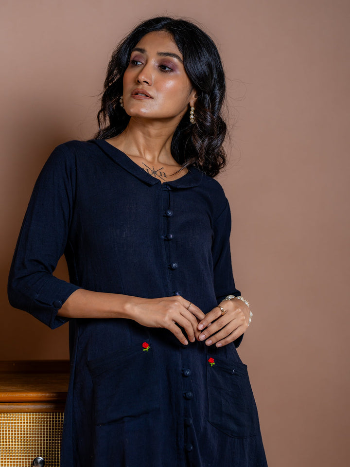 Black-Cotton-Shirt-Style-Midi-Dress