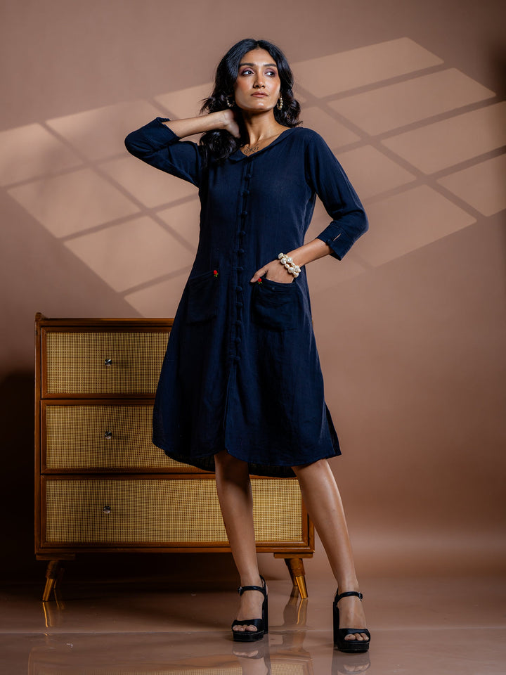 Black-Cotton-Shirt-Style-Midi-Dress