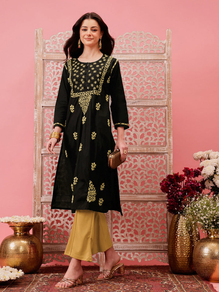 Black-&-Fawn-Cotton-Embroidered-Chikankari-Kurta-Only