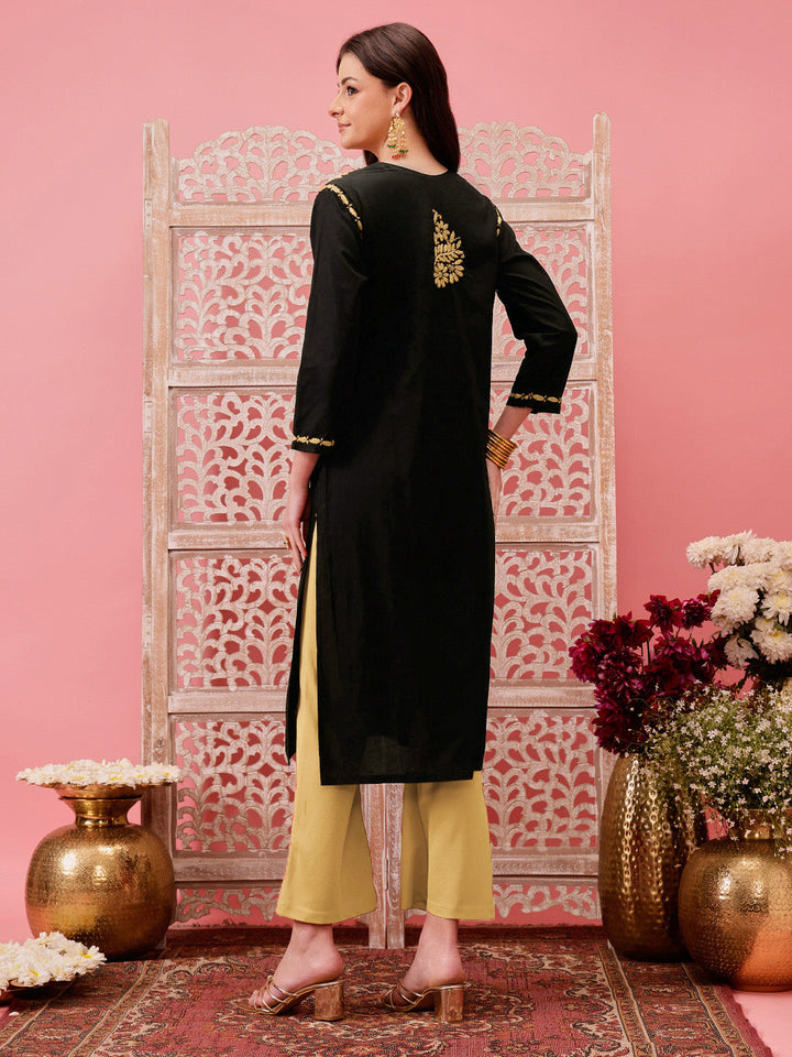 Black-&-Fawn-Cotton-Embroidered-Chikankari-Kurta-Only