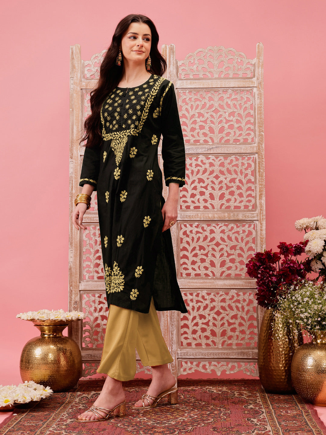 Black-&-Fawn-Cotton-Embroidered-Chikankari-Kurta-Only