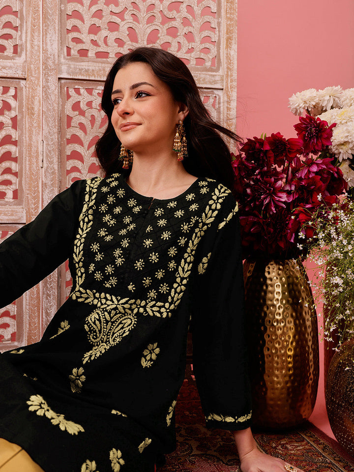 Black-&-Fawn-Cotton-Embroidered-Chikankari-Kurta-Only