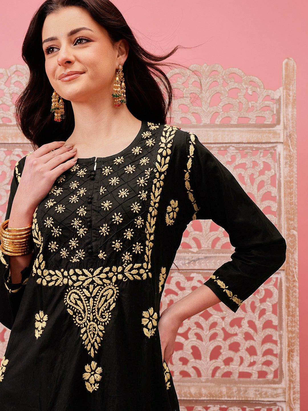 Black-&-Fawn-Cotton-Embroidered-Chikankari-Kurta-Only