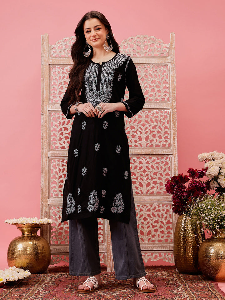 Black-&-Grey-Cotton-Embroidered-Laknowi-Chikankari-Kurta-Only