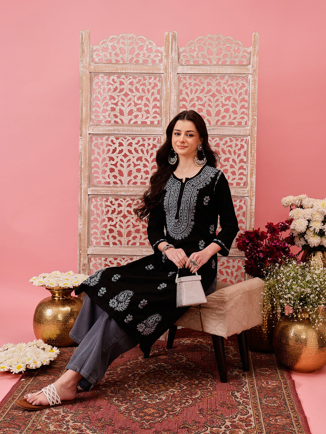 Black-&-Grey-Cotton-Embroidered-Laknowi-Chikankari-Kurta-Only