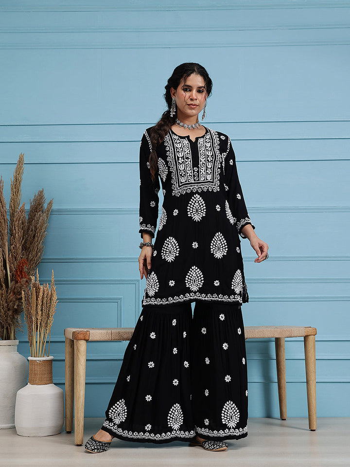 Black-Modal-Lucknowi-Chikankari-Sharara-Set-(Set-Of-2)