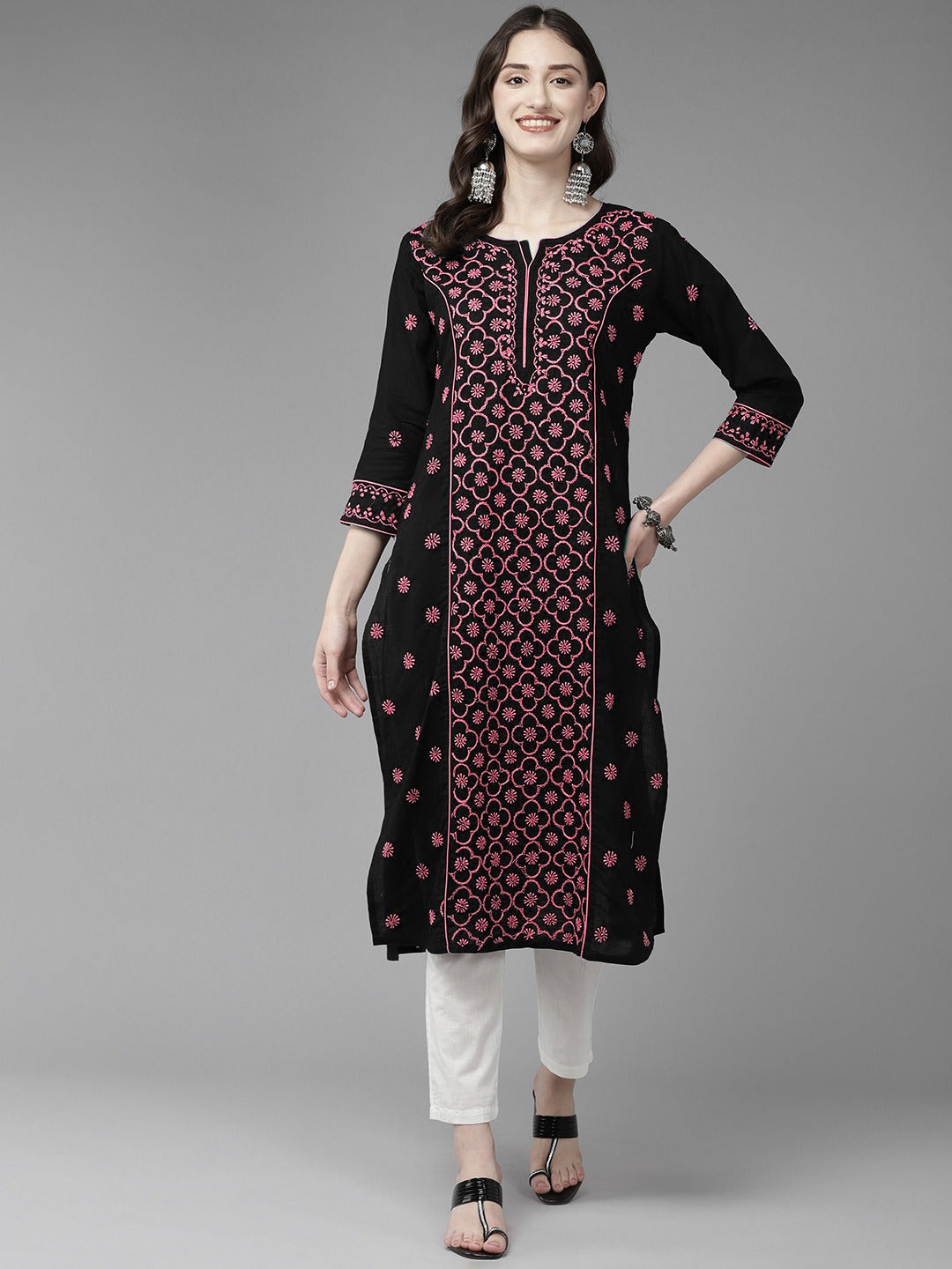 Black-&-Pink-Cotton-Embroidered-Chikankari-Kurta