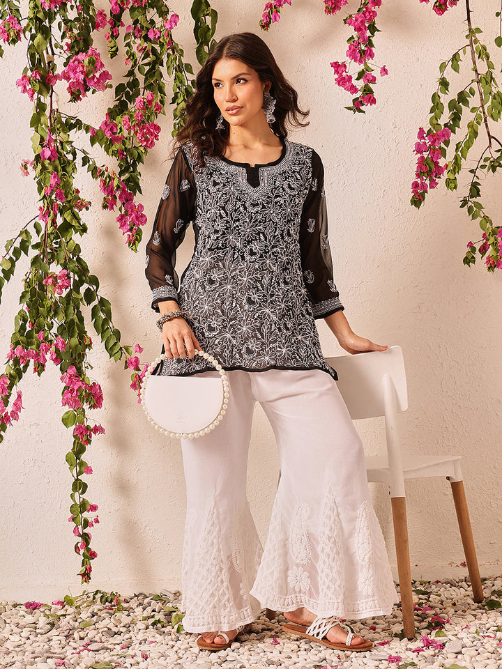 Black-Poly-Georgette-Lucknowi-Chikankari-Short-Kurta-ONLY