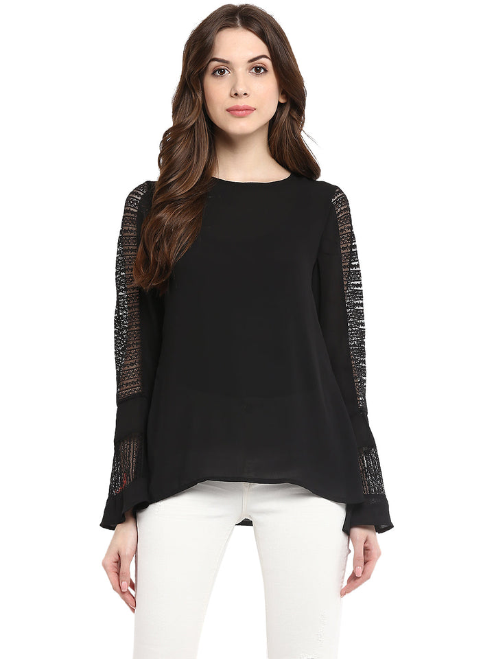 Black-Poly-Gerogette-Lace-Bell-Sleevetop