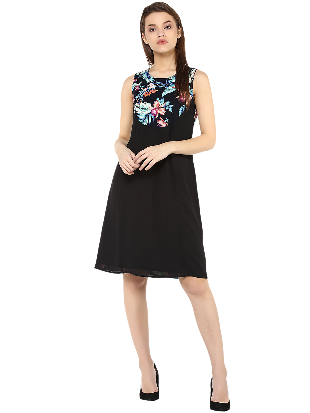 Black-Polyester-Tropical-Printed-Dress