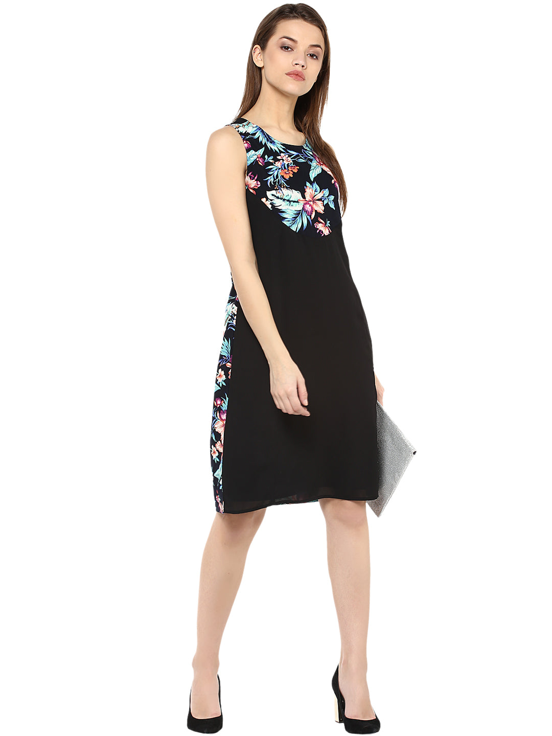 Black-Polyester-Tropical-Printed-Dress