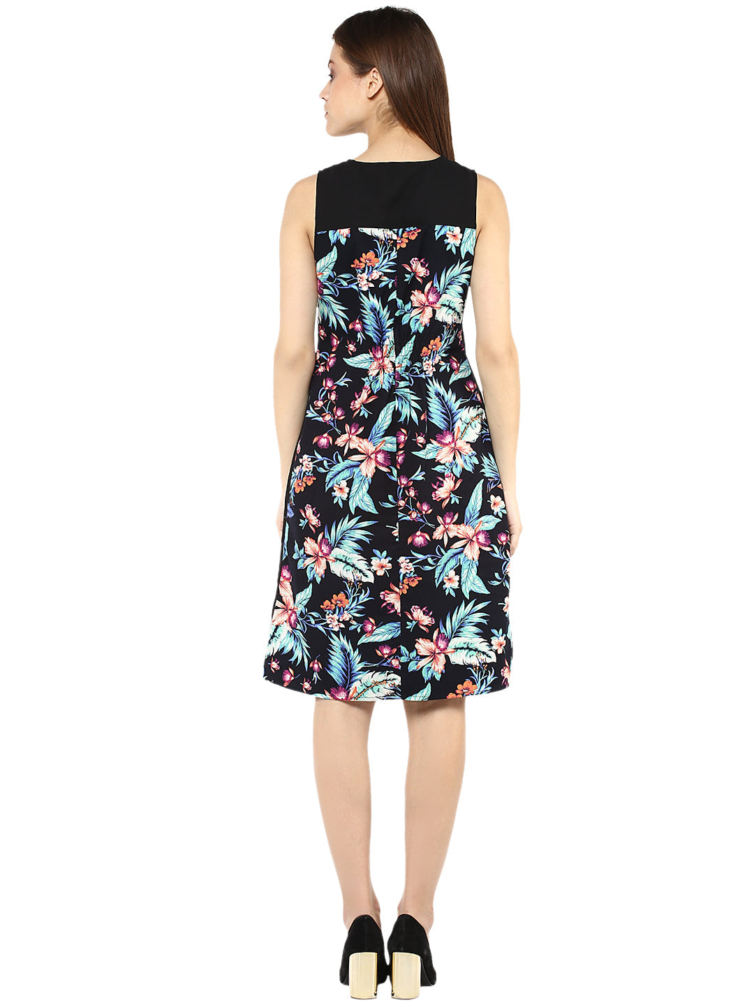 Black-Polyester-Tropical-Printed-Dress
