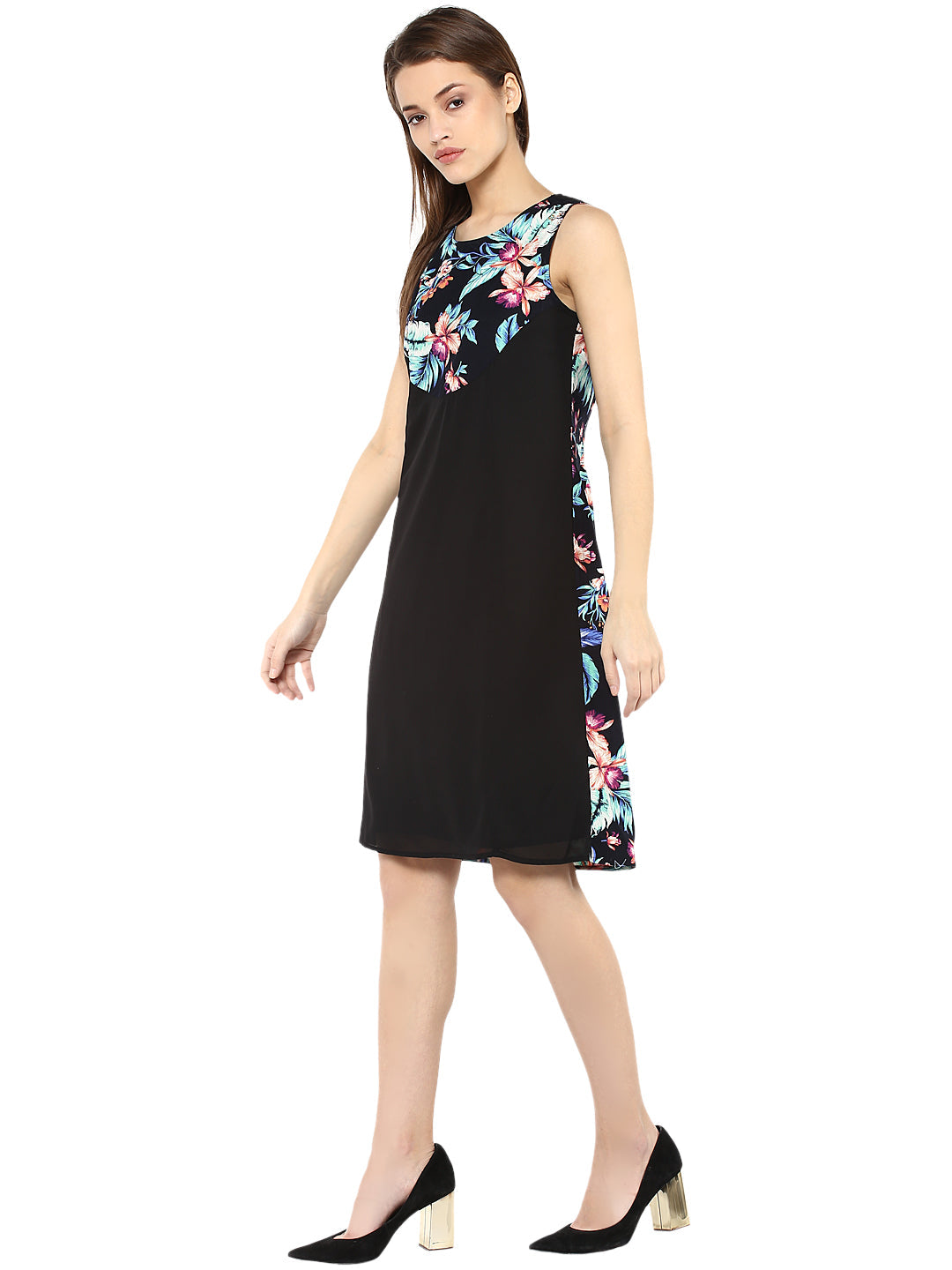Black-Polyester-Tropical-Printed-Dress