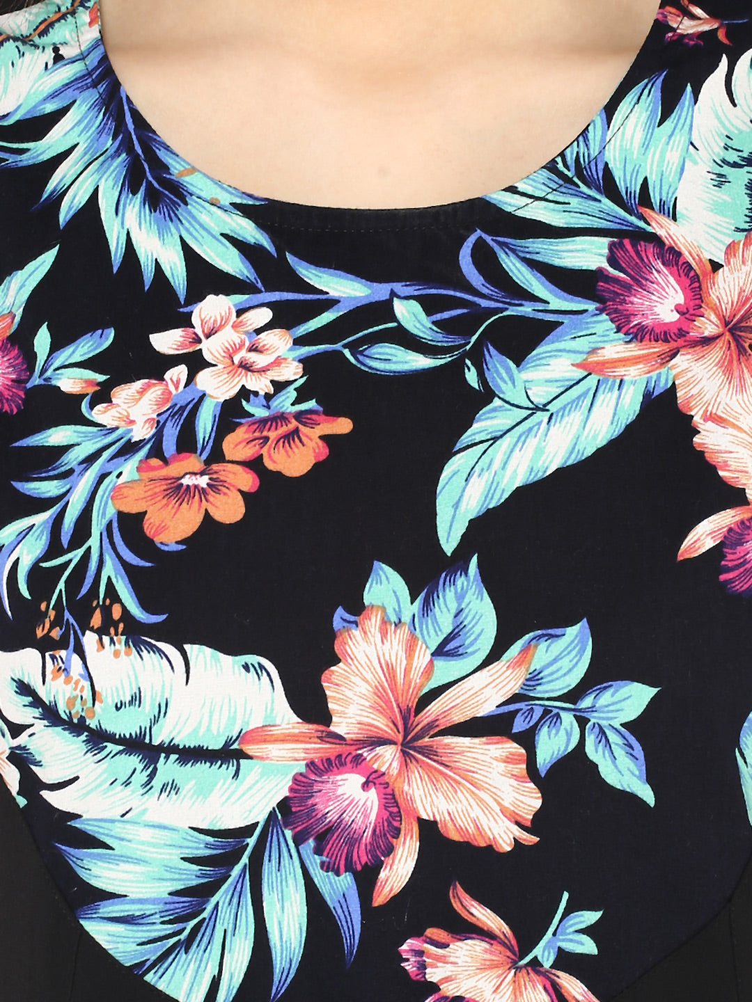 Black-Polyester-Tropical-Printed-Dress