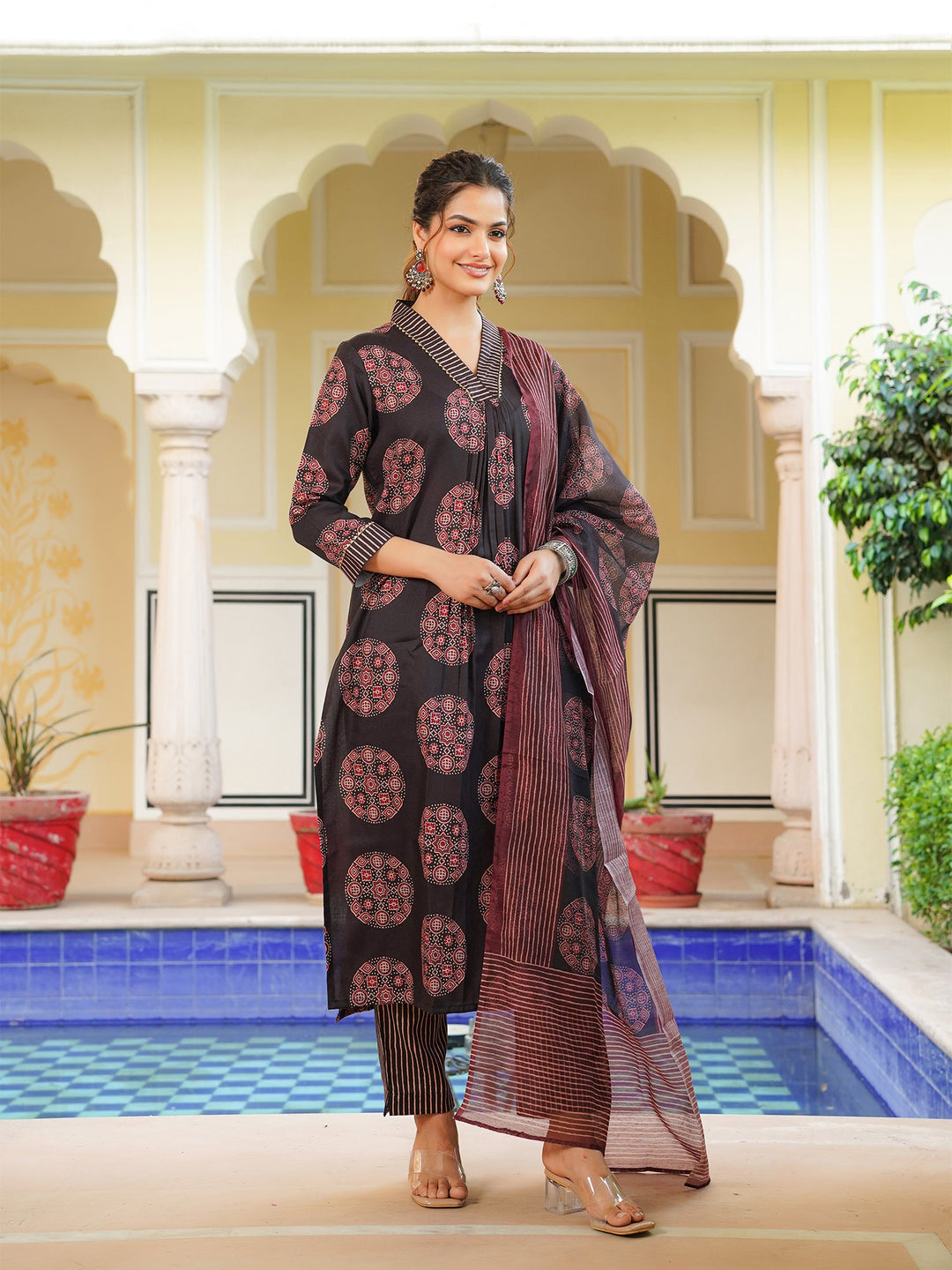 Black-Rayon-Blend-Ajrakh-Printed-Straight-3-Piece-Kurta-Set