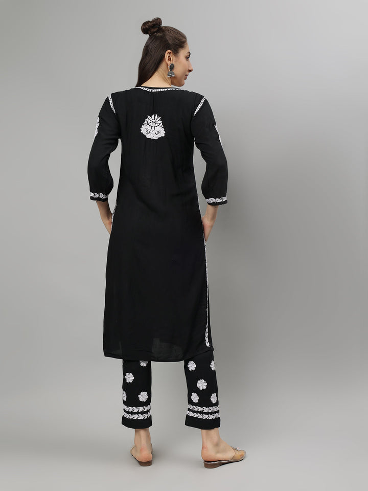 Black-Rayon-Lucknowi-Chikankari-Kurta-with-Pant-Set