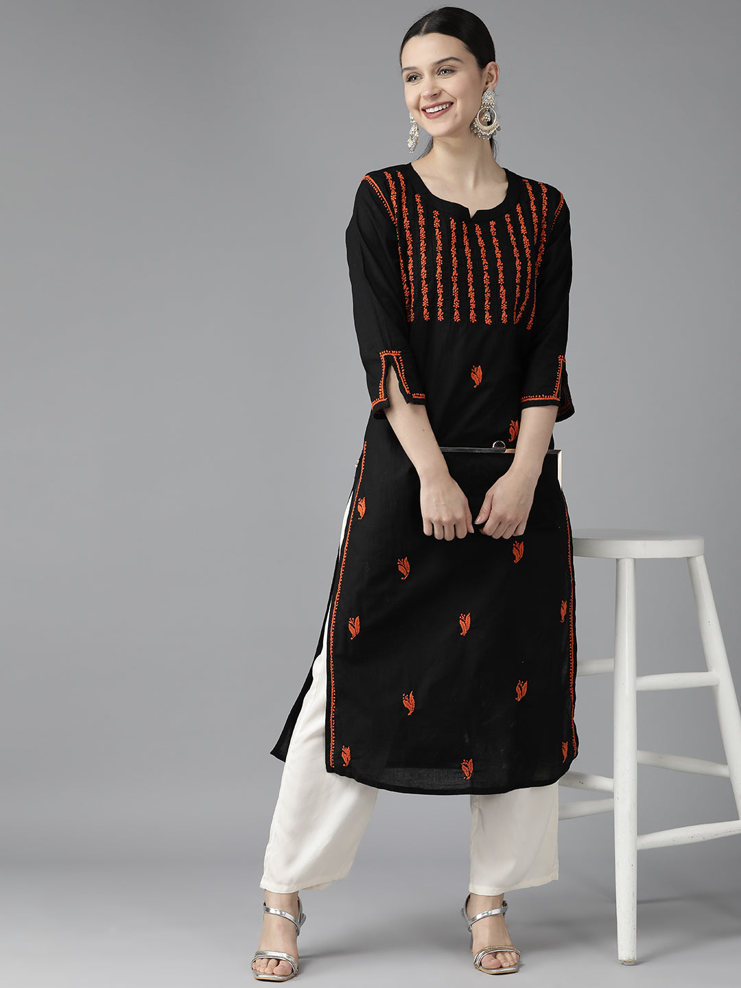 Black-&-Red-Cotton-Embroidered-Chikankari-Kurta