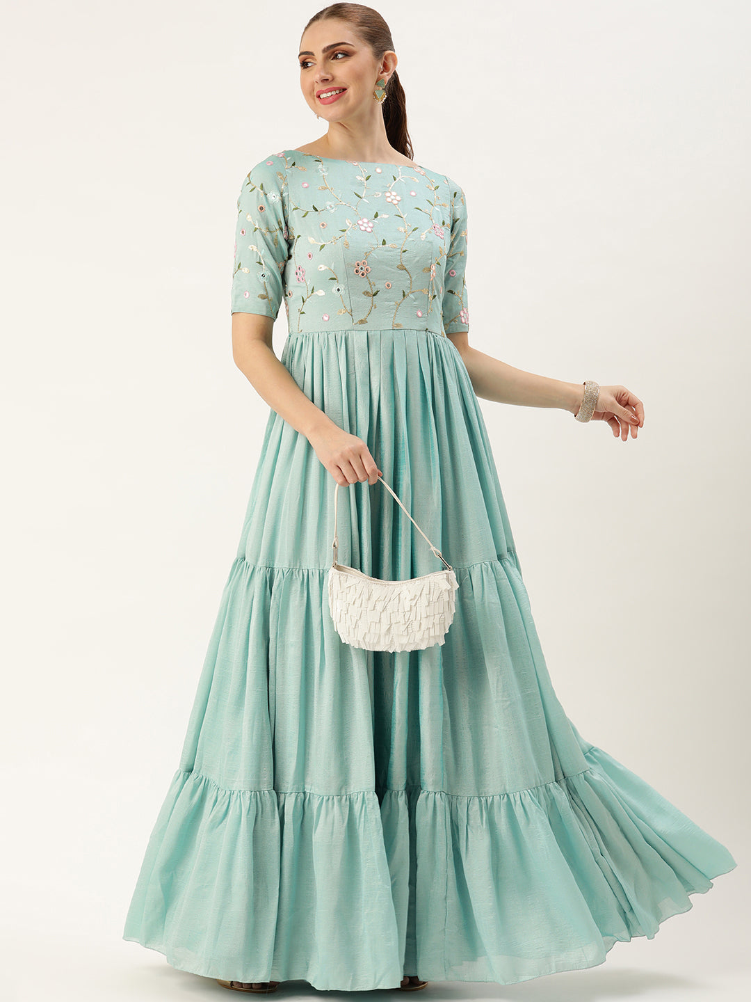 Blue-Art-Silk-Elbow-Sleeve-Embroidered-Tiered-Gown