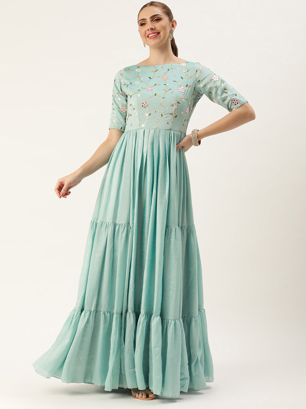 Blue-Art-Silk-Elbow-Sleeve-Embroidered-Tiered-Gown