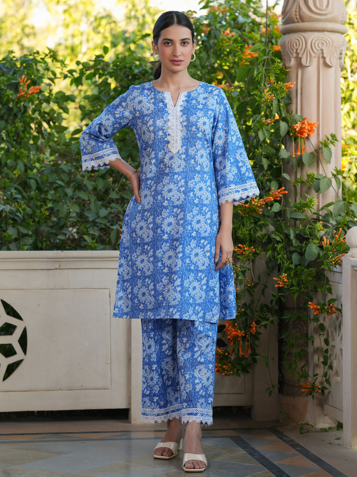 Blue Cotton All-Over Floral Straight Kurta & Pant Set