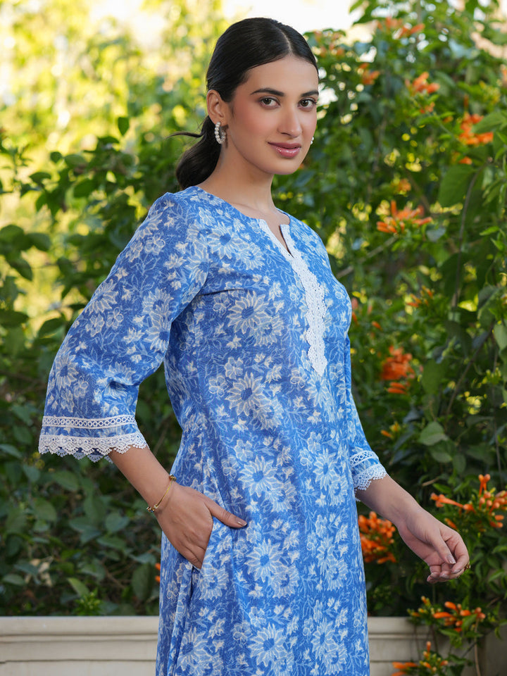 Blue Cotton All-Over Floral Straight Kurta & Pant Set