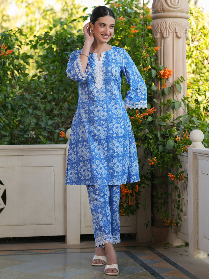 Blue Cotton All-Over Floral Straight Kurta & Pant Set