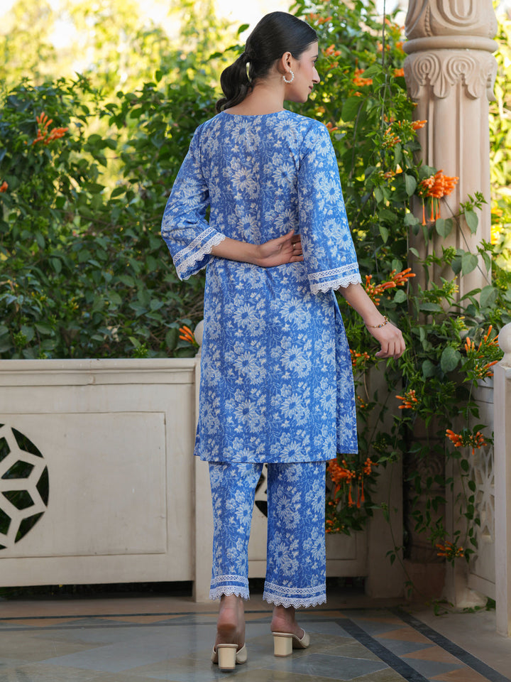 Blue Cotton All-Over Floral Straight Kurta & Pant Set