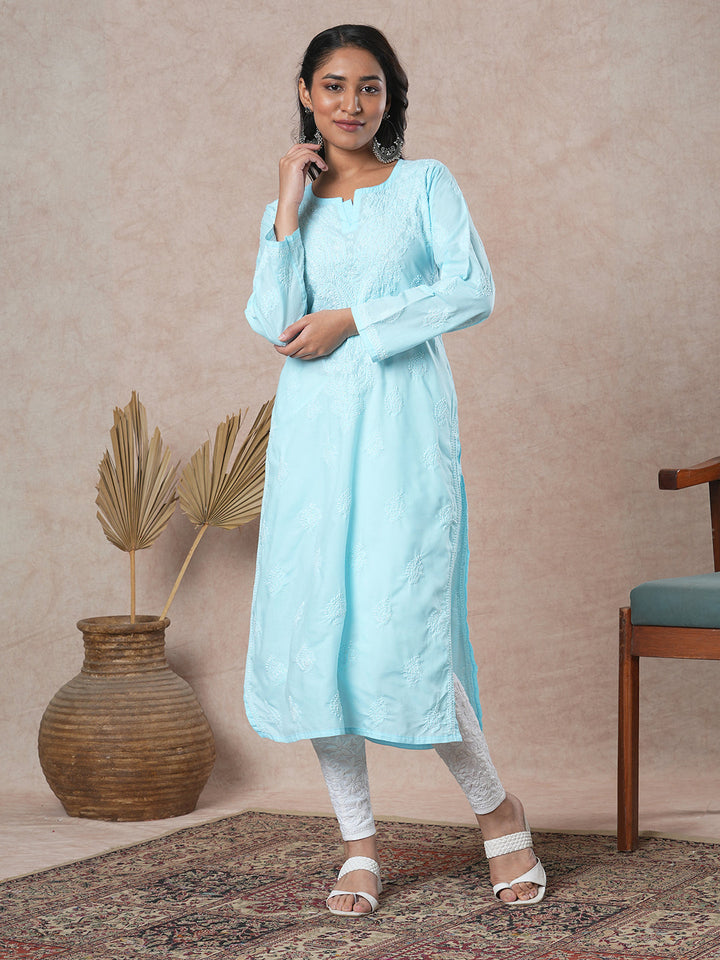 Blue-Cotton-Embroidered-Chikankari-Kurta