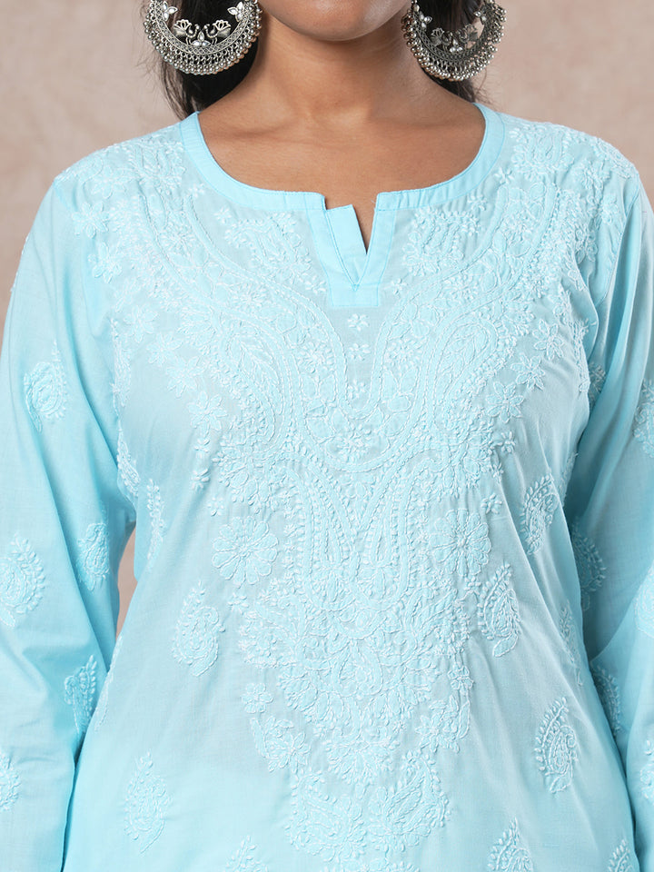 Blue-Cotton-Embroidered-Chikankari-Kurta