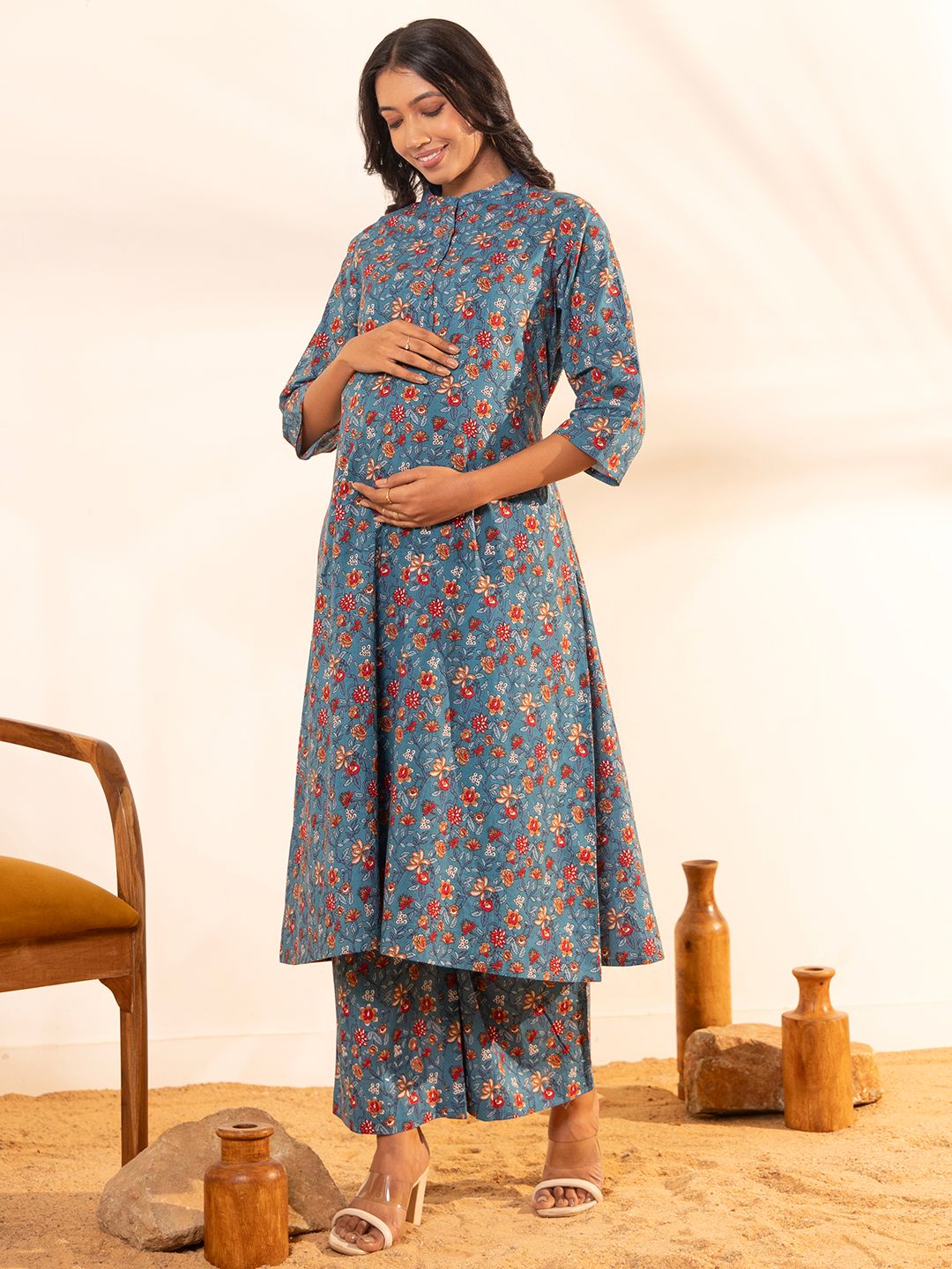 ZERESOUQ-Blue-Cotton-Floral-Printed-A-Line-2-Piece-Kurta-Set