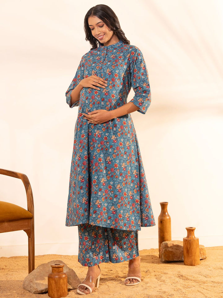 ZERESOUQ-Blue-Cotton-Floral-Printed-A-Line-2-Piece-Kurta-Set