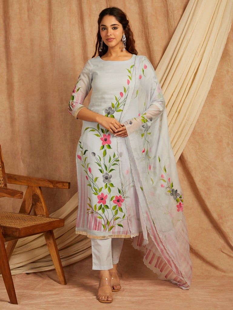 Blue-Cotton-Hand-Painted-3-Piece-Kurta-Set