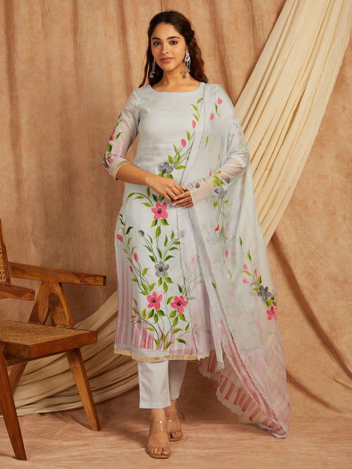 Blue-Cotton-Hand-Painted-3-Piece-Kurta-Set