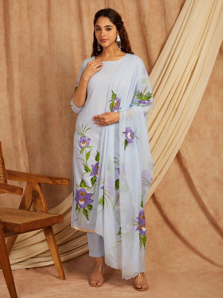 Blue-Cotton-Hand-Painted-Floral-3-Piece-Kurta-Set