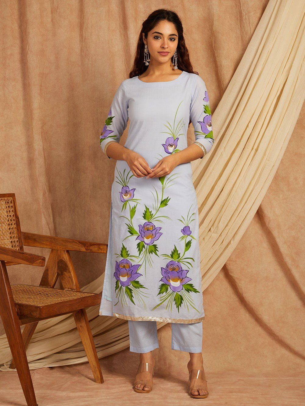 Blue-Cotton-Hand-Painted-Floral-3-Piece-Kurta-Set