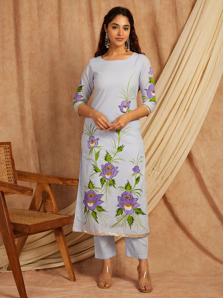Blue-Cotton-Hand-Painted-Floral-3-Piece-Kurta-Set