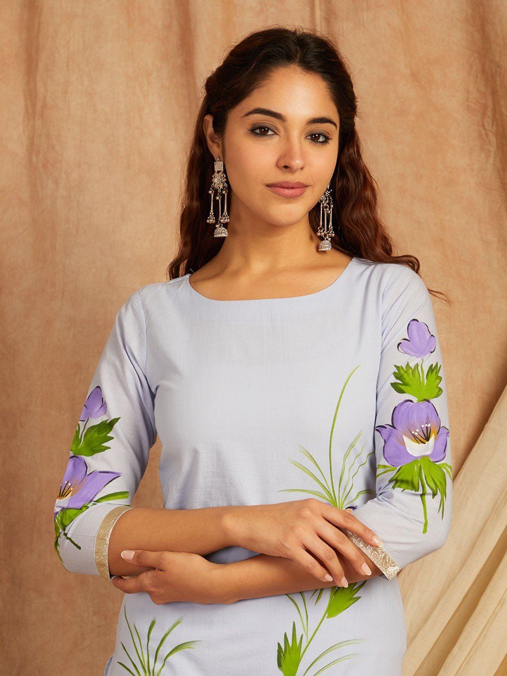 Blue-Cotton-Hand-Painted-Floral-3-Piece-Kurta-Set