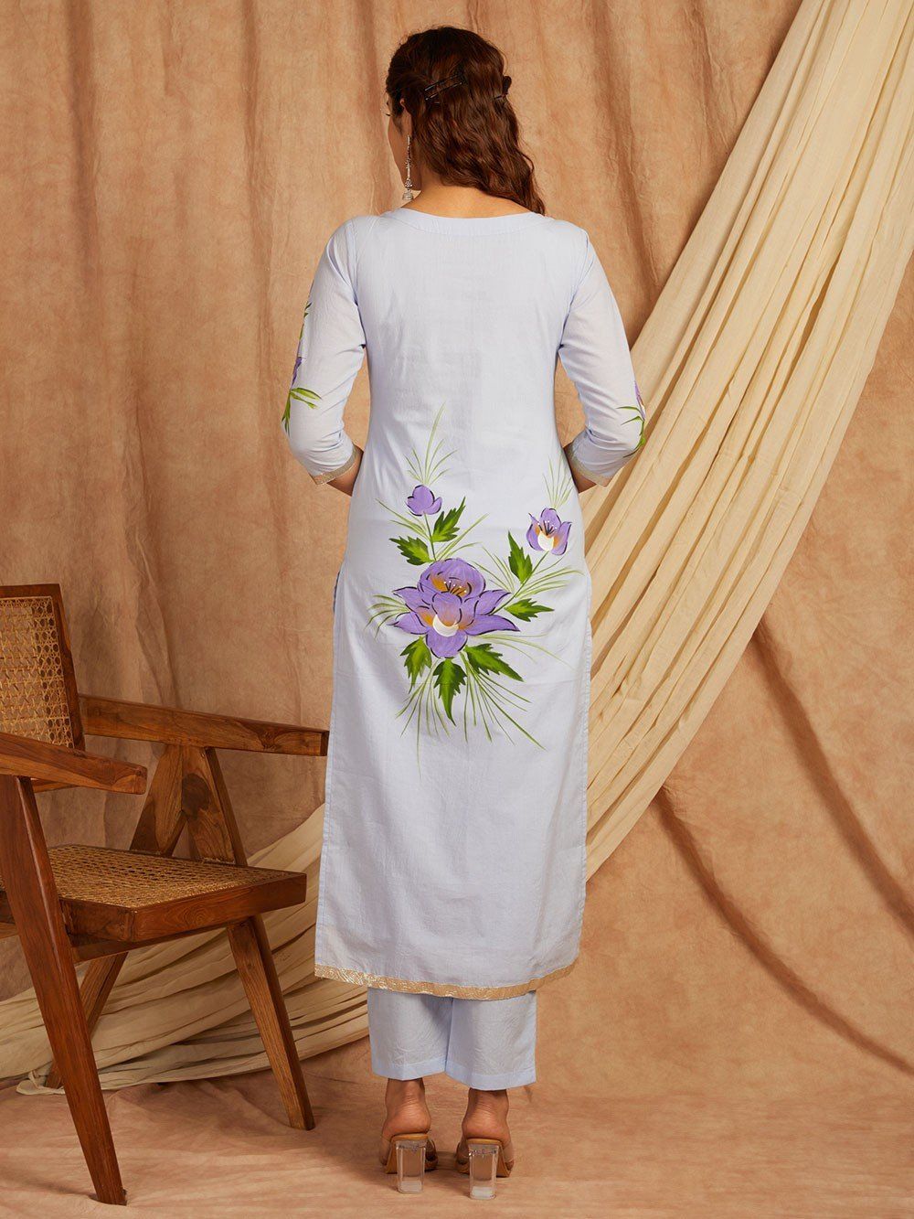 Blue-Cotton-Hand-Painted-Floral-3-Piece-Kurta-Set