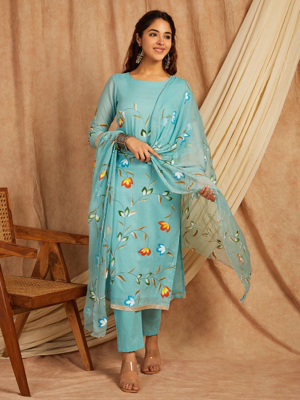 Blue-Cotton-Hand-Painted-Round-Neck-3-Piece-Kurta-Set
