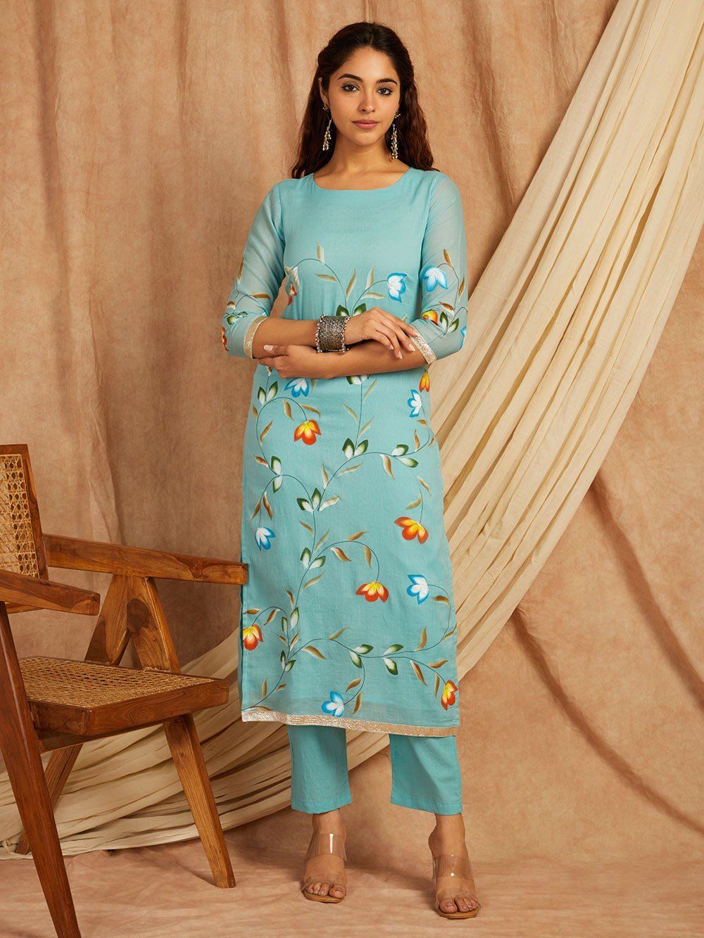 Blue-Cotton-Hand-Painted-Round-Neck-3-Piece-Kurta-Set