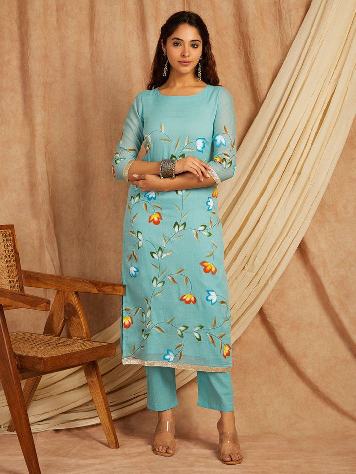 Blue-Cotton-Hand-Painted-Round-Neck-3-Piece-Kurta-Set