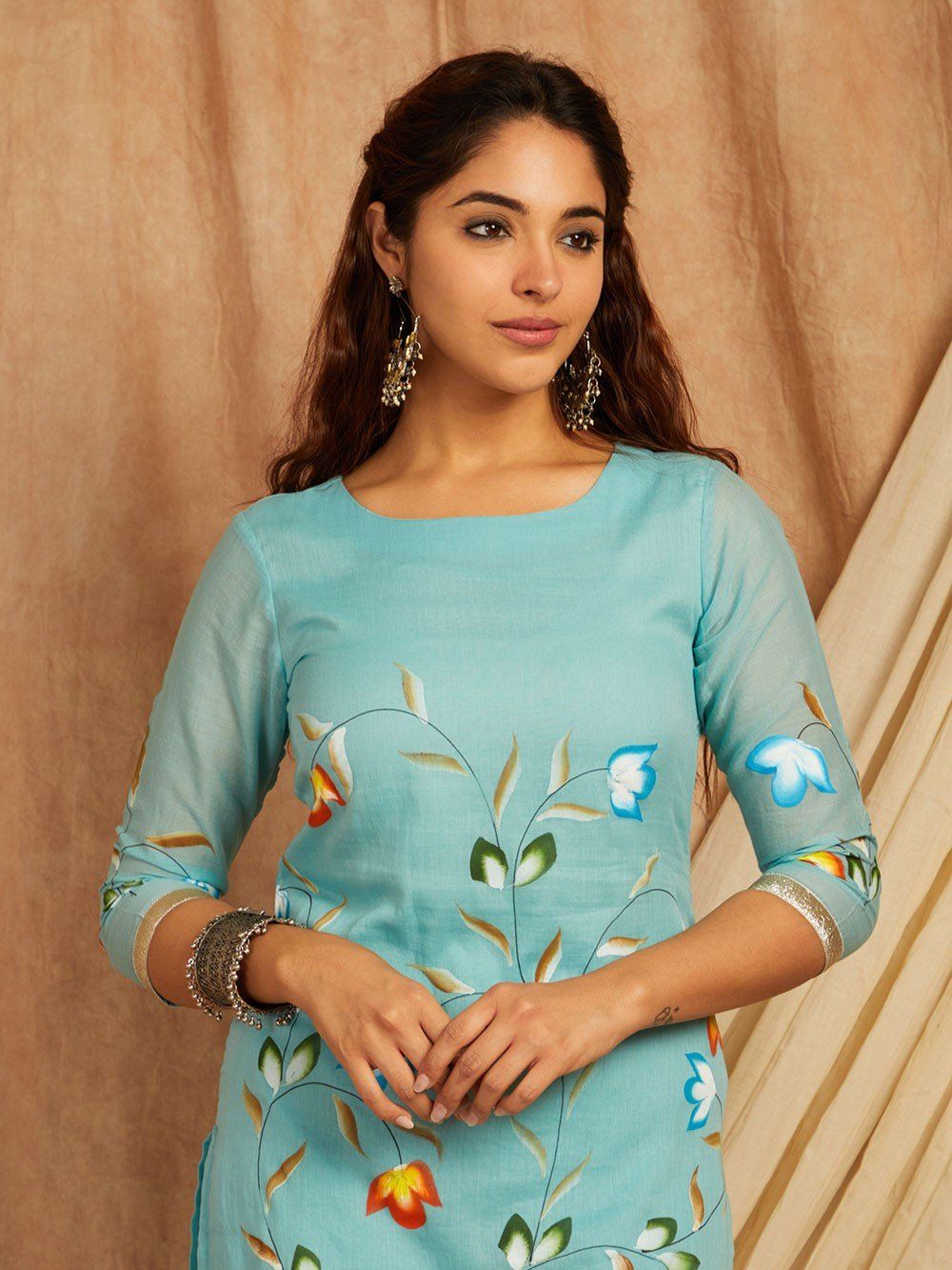 Blue-Cotton-Hand-Painted-Round-Neck-3-Piece-Kurta-Set