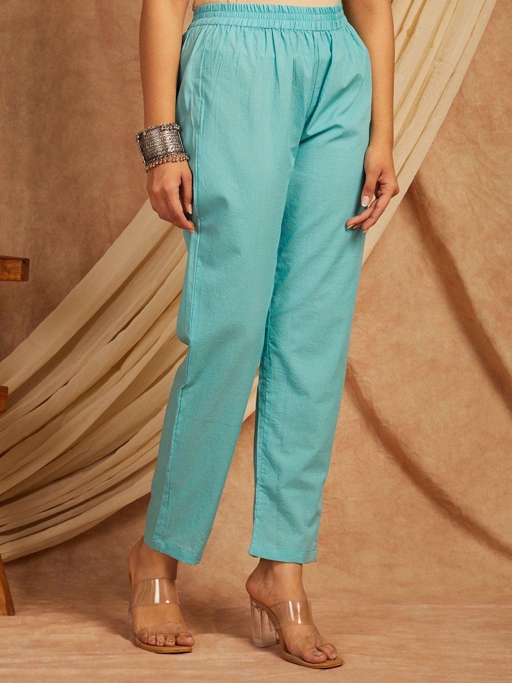 Blue-Cotton-Hand-Painted-Round-Neck-3-Piece-Kurta-Set