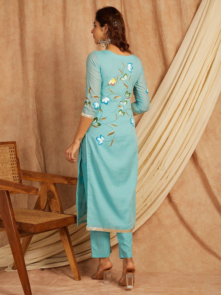 Blue-Cotton-Hand-Painted-Round-Neck-3-Piece-Kurta-Set