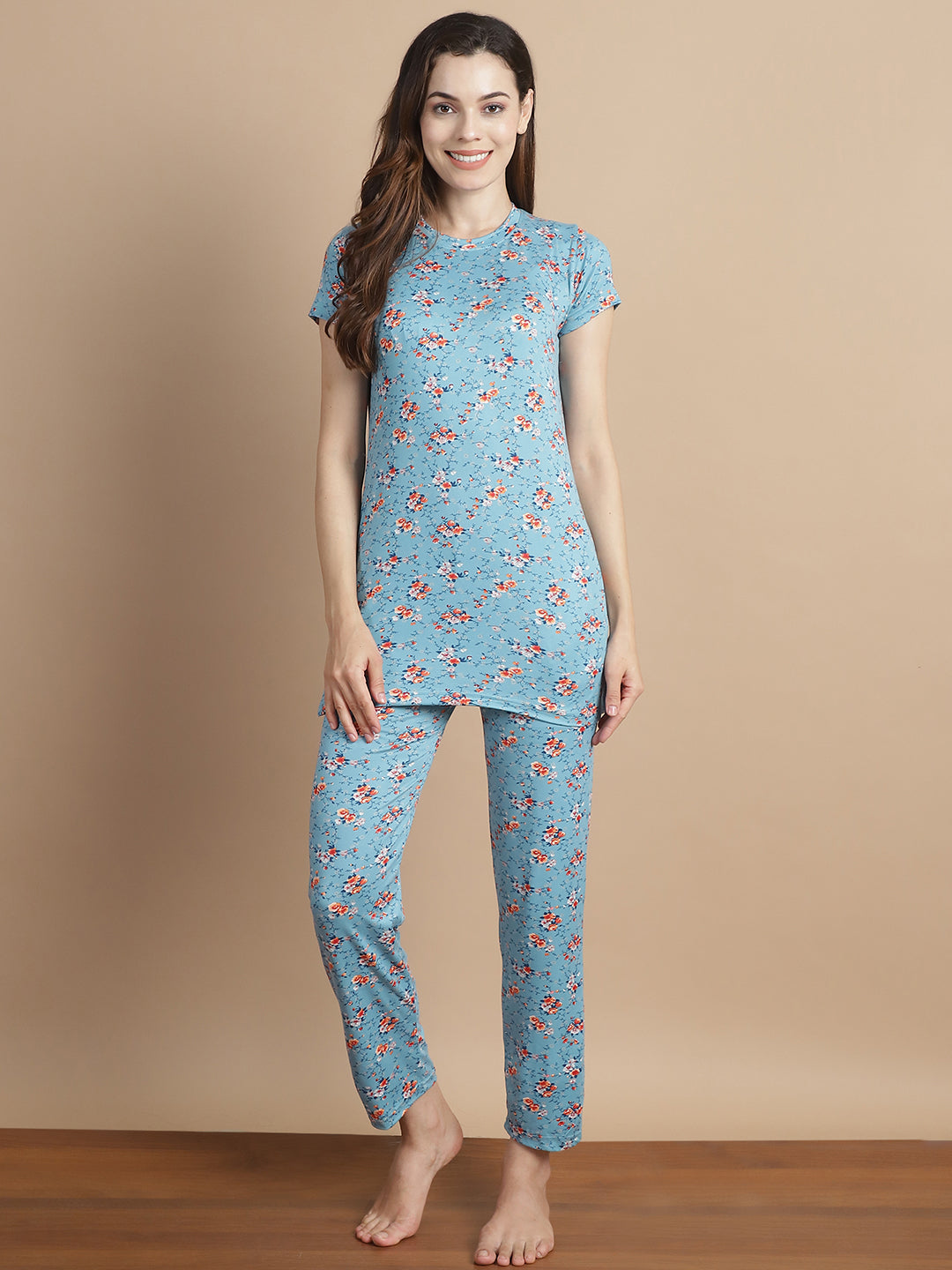 Blue-Cotton-Lycra-Flower-Printed-Night-Suit