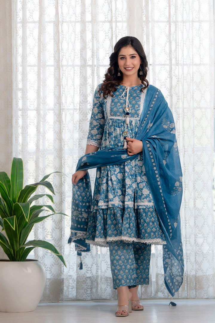 Blue-Cotton-Printed-Anarkali-Shape-3-Piece-Kurta-Set