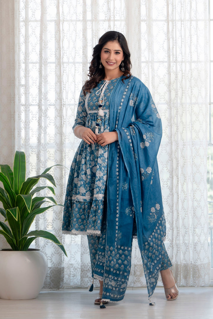 Blue-Cotton-Printed-Anarkali-Shape-3-Piece-Kurta-Set