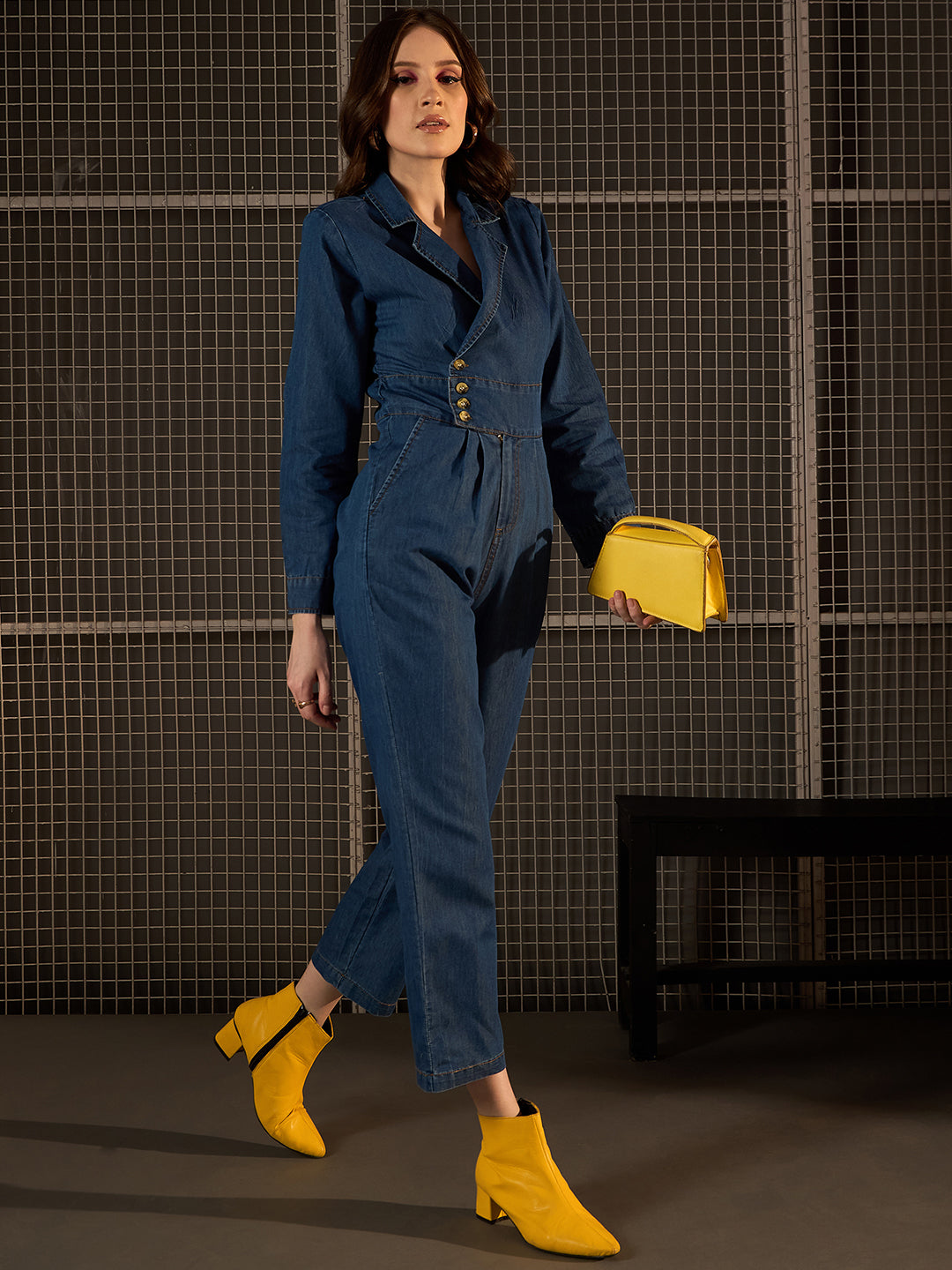 Blue Denim Polyester Lycra Solid Jumpsuit - Main Image