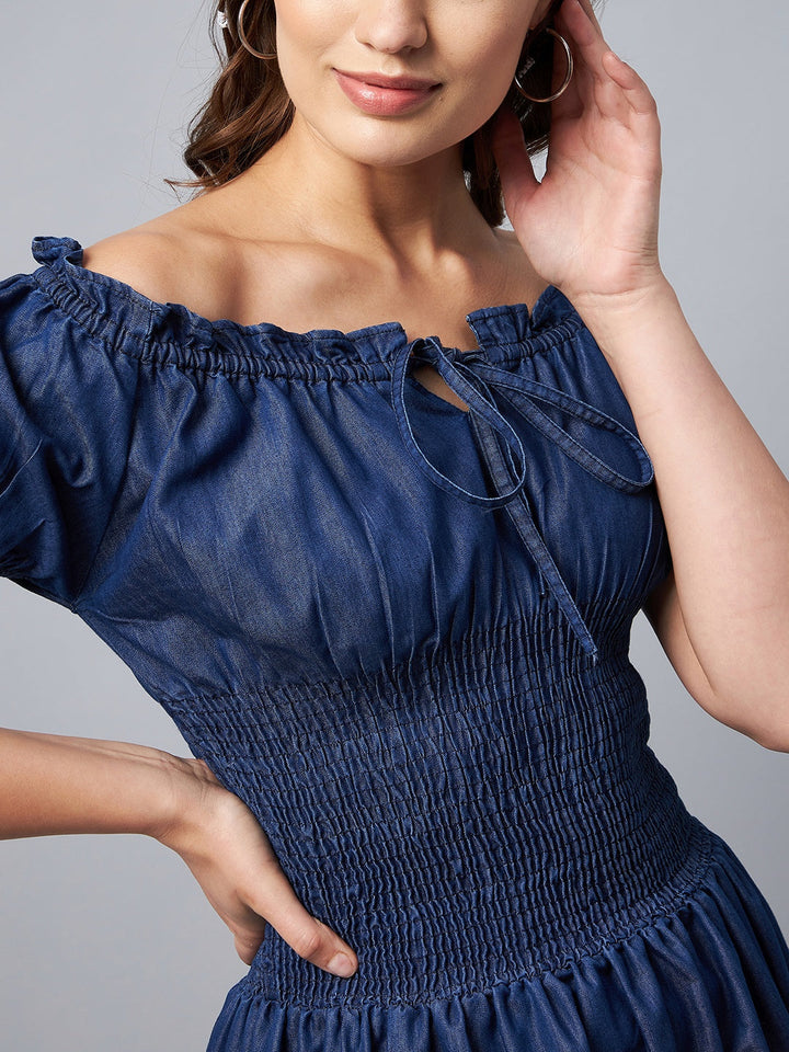 Blue-Denim-Peasant-Style-Smocked-Waist-Dress